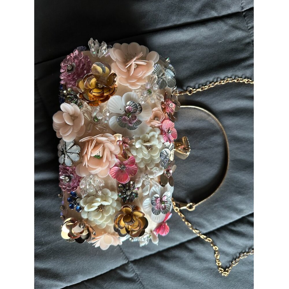 Floral and Rhinestone Clutch in Champagne Pink & Rose Gold
